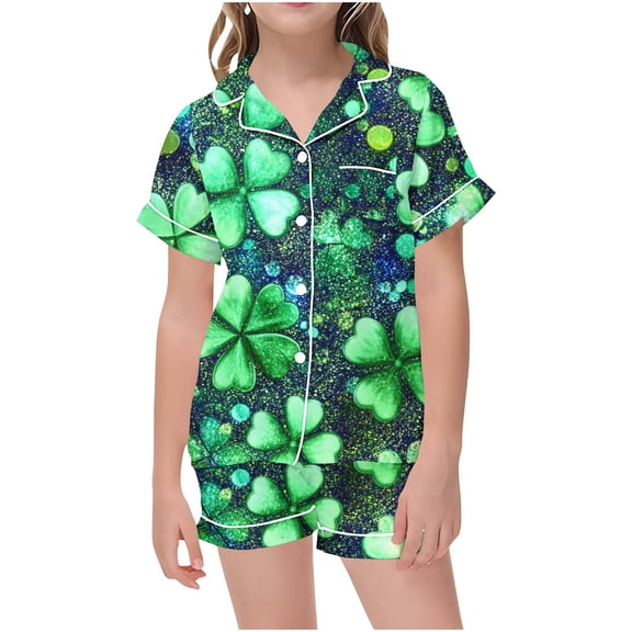 Odeerbi 2-12 Years Kids Boys Girls Summer St. Patrick's Day Satin Pajamas Notched Lapel Short Sleeve Loungewear Shorts Set Sleepwear Solid Color Pajama Sets Kids Boys Girls Clothes