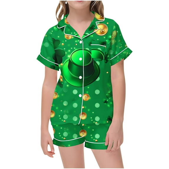 Odeerbi 2-12 Years Kids Boys Girls Summer St. Patrick's Day Satin Pajamas Notched Lapel Short Sleeve Loungewear Shorts Set Sleepwear Solid Color Pajama Sets Kids Boys Girls Clothes
