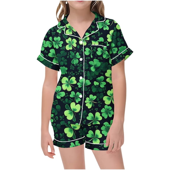Odeerbi 2-12 Years Kids Boys Girls Summer St. Patrick's Day Satin Pajamas Notched Lapel Short Sleeve Loungewear Shorts Set Sleepwear Solid Color Pajama Sets Kids Boys Girls Clothes