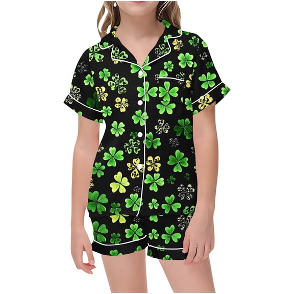 Odeerbi 2-12 Years Kids Boys Girls Summer St. Patrick's Day Satin Pajamas Notched Lapel Short Sleeve Loungewear Shorts Set Sleepwear Solid Color Pajama Sets Kids Boys Girls Clothes