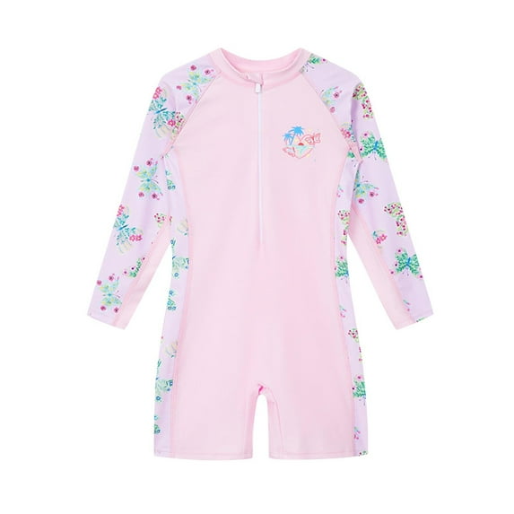 Odeerbi 2-12 Years Kids Girls Long Sleeve Rash Guard Swimsuits Summer Beach One Piece Athletic Training Swimsuit Hawaiian Surfing Swimwear Half Zip Sun Protection Bathing Suit