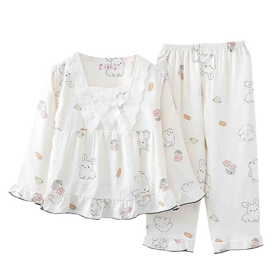 Odeerbi 2-12 Years Kids Girls Summer Cotton Pajamas Lace Peter Pan Collar Long Sleeve Tops Pants Set Soft Loungewear Rabbit Print Sleepwear Two-piece Pajama Set Kids Girls Clothes