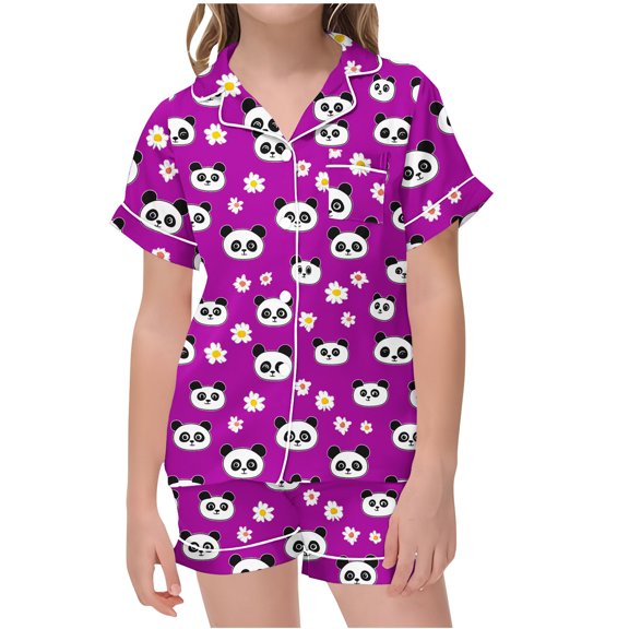 Odeerbi 2-12 Years Kids Girls Summer Satin Pajamas Notched Lapel Short Sleeve Shirts Shorts Set Soft Loungewear Valentines Day Love Print Sleepwear Kids Girls Clothes