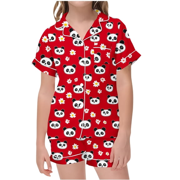 Odeerbi 2-12 Years Kids Girls Summer Satin Pajamas Notched Lapel Short Sleeve Shirts Shorts Set Soft Loungewear Valentines Day Love Print Sleepwear Kids Girls Clothes