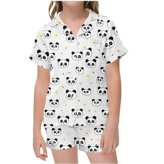 Odeerbi 2-12 Years Kids Girls Summer Satin Pajamas Notched Lapel Short Sleeve Shirts Shorts Set Soft Loungewear Valentines Day Love Print Sleepwear Kids Girls Clothes