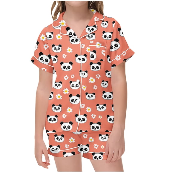 Odeerbi 2-12 Years Kids Girls Summer Satin Pajamas Notched Lapel Short Sleeve Shirts Shorts Set Soft Loungewear Valentines Day Love Print Sleepwear Kids Girls Clothes