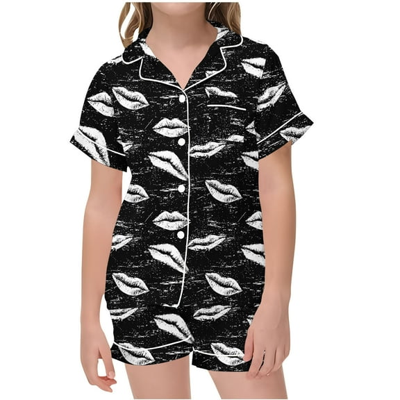 Odeerbi 2-12 Years Kids Girls Summer Satin Pajamas Notched Lapel Short Sleeve Shirts Shorts Set Soft Loungewear Valentines Day Sleepwear Two-piece Pajama Set Kids Girls Clothes