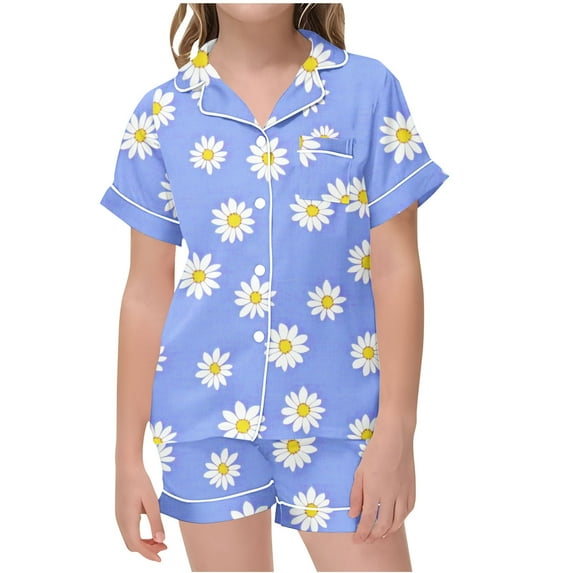 Odeerbi 2-12 Years Teen Boys Girls Summer Satin Pajamas Notched Lapel Short Sleeve Shirts Shorts Set Soft Loungewear Daisy Print Sleepwear Teen Boys Girls Clothes