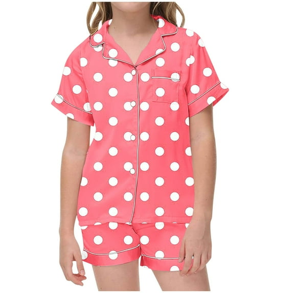 Odeerbi 2-12 Years Teen Boys Girls Summer Satin Pajamas Notched Lapel Short Sleeve Shirts Shorts Set Soft Loungewear Dots Print Sleepwear Teen Boys Girls Clothes