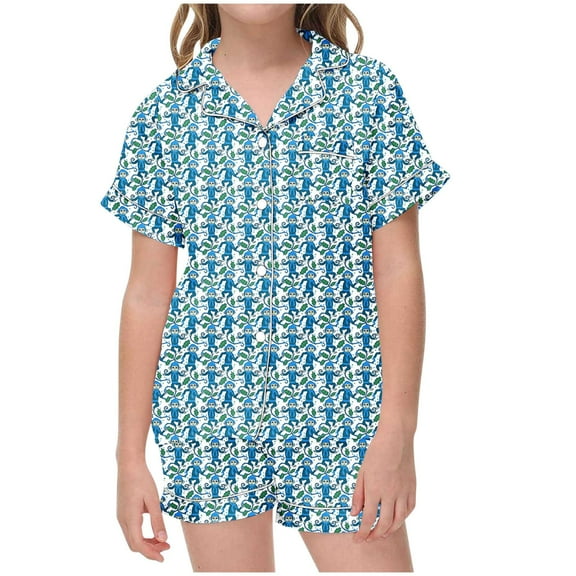 Odeerbi 2-12 Years Teen Boys Girls Summer Satin Pajamas Notched Lapel Short Sleeve Shirts Shorts Set Soft Loungewear Floral Print Sleepwear Teen Boys Girls Clothes