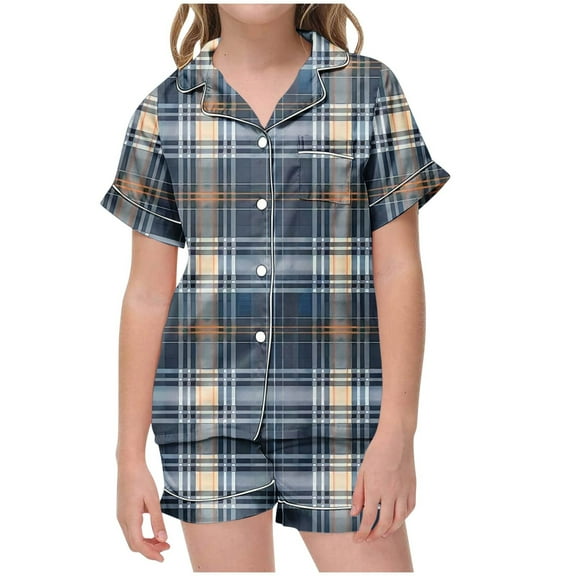 Odeerbi 2-12 Years Teen Boys Girls Summer Satin Pajamas Notched Lapel Short Sleeve Shirts Shorts Set Soft Loungewear Retro Plaid Print Sleepwear Teen Boys Girls Clothes