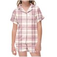 thumbnail image 1 of Odeerbi 2-12 Years Teen Boys Girls Summer Satin Pajamas Notched Lapel Short Sleeve Shirts Shorts Set Soft Loungewear Retro Plaid Print Sleepwear Teen Boys Girls Clothes, 1 of 6