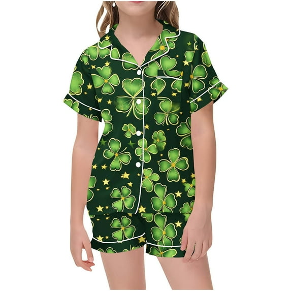 Odeerbi 2-12 Years Kids Boys Girls Summer St. Patrick's Day Satin Pajamas Notched Lapel Short Sleeve Loungewear Shorts Set Sleepwear Solid Color Pajama Sets Kids Boys Girls Clothes