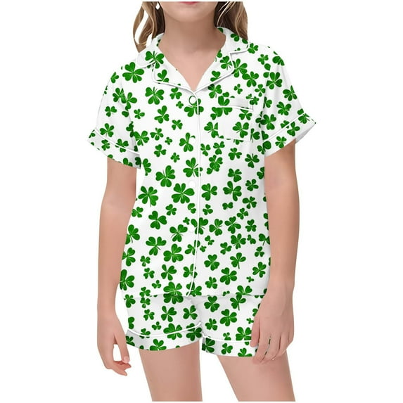 Odeerbi 2-12 Years Teen Boys Girls Summer St. Patrick's Day Satin Pajamas Notched Lapel Short Sleeve Loungewear Shorts Set Sleepwear Solid Color Pajama Sets Teen Boys Girls Clothes