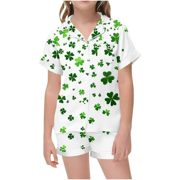 Odeerbi 2-12 Years Teen Boys Girls Summer St. Patrick's Day Satin Pajamas Notched Lapel Short Sleeve Loungewear Shorts Set Sleepwear Solid Color Pajama Sets Teen Boys Girls Clothes