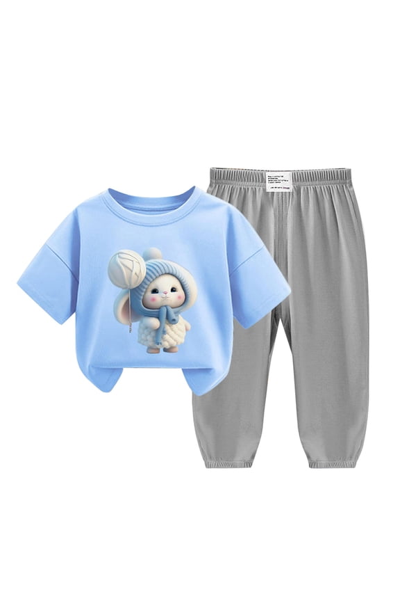 2-12 Years Toddler Boys Girls Summer Outfits Ice Silk Cotton Short Sleeve T-shirt Sweatpants Two-piece Set Cute Printed Lightweight Loungewear Toddler Boys Girls Clothes