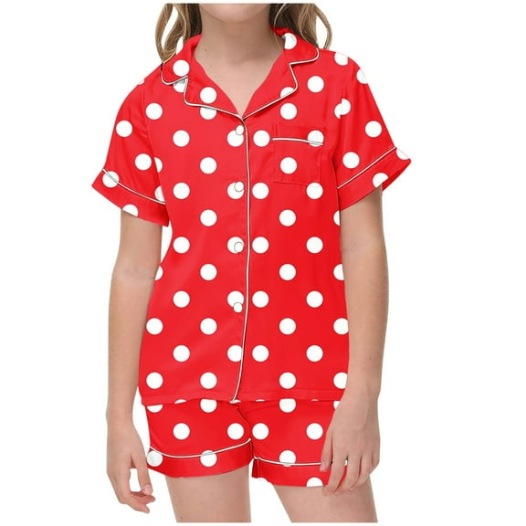 Odeerbi 2-12 Years Toddler Boys Girls Summer Satin Pajamas Notched Lapel Short Sleeve Shirts Shorts Set Soft Loungewear Dots Print Sleepwear Toddler Boys Girls Clothes