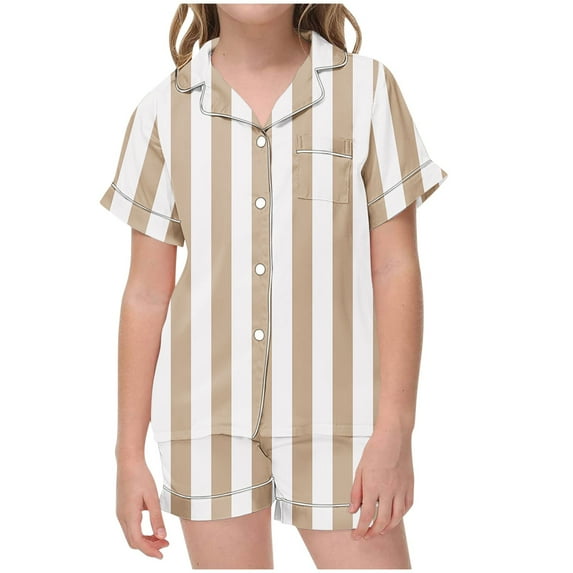 Odeerbi 2-12 Years Toddler Boys Girls Summer Satin Pajamas Notched Lapel Short Sleeve Shirts Shorts Set Soft Loungewear Striped Sleepwear Two-piece Pajama Sets Toddler Boys Girls Clothes