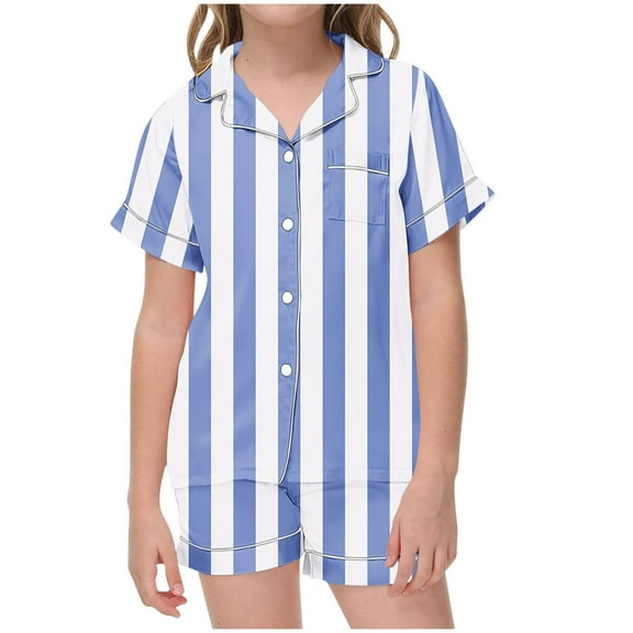 Odeerbi 2-12 Years Toddler Boys Girls Summer Satin Pajamas Notched Lapel Short Sleeve Shirts Shorts Set Soft Loungewear Striped Sleepwear Two-piece Pajama Sets Toddler Boys Girls Clothes