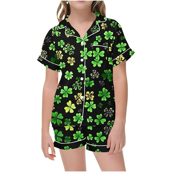 Odeerbi 2-12 Years Toddler Boys Girls Summer St. Patrick's Day Satin Pajamas Notched Lapel Short Sleeve Loungewear Shorts Set Sleepwear Solid Color Pajama Sets Toddler Boys Girls Clothes