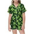 thumbnail image 1 of Odeerbi 2-12 Years Kids Boys Girls Summer St. Patrick's Day Satin Pajamas Notched Lapel Short Sleeve Loungewear Shorts Set Sleepwear Solid Color Pajama Sets Kids Boys Girls Clothes, 1 of 5