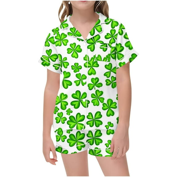 Odeerbi 2-12 Years Toddler Boys Girls Summer St. Patrick's Day Satin Pajamas Notched Lapel Short Sleeve Loungewear Shorts Set Sleepwear Solid Color Pajama Sets Toddler Boys Girls Clothes