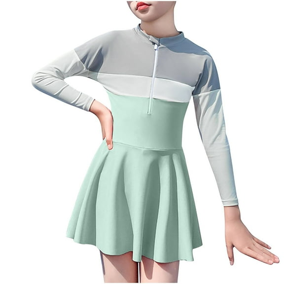 Odeerbi 2-12 Years Toddler Girls Long Sleeve Rash Guard Swimsuits Beach One Piece Athletic Training Swimdress Surfing Swim Dress Solid Color Sun Protection Half Zipper Swim Skirt