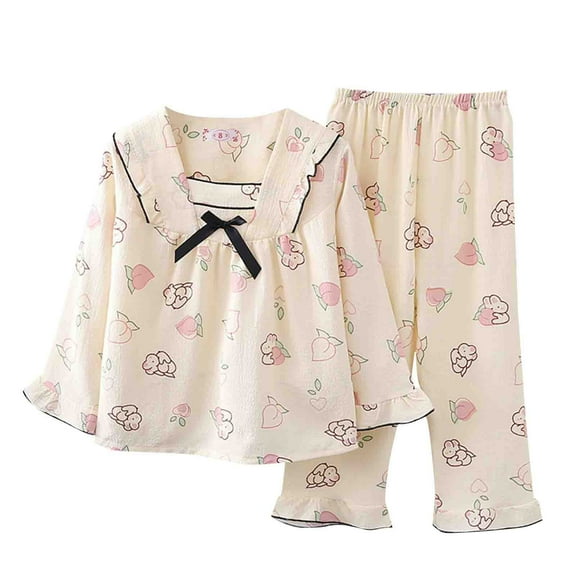 Odeerbi 2-12 Years Toddler Girls Summer Cotton Pajamas Bow Peter Pan Collar Long Sleeve Tops Pants Set Soft Loungewear Rabbit Print Sleepwear Two-piece Pajama Set Toddler Girls Clothes