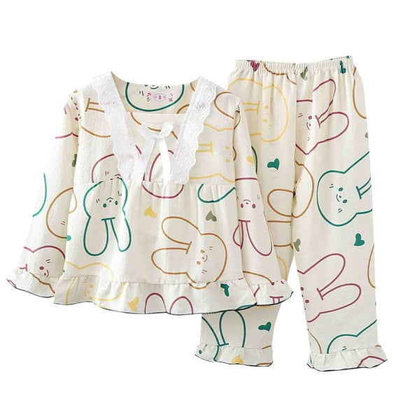 Odeerbi 2-12 Years Toddler Girls Summer Cotton Pajamas Lace Peter Pan Collar Long Sleeve Tops Pants Set Soft Loungewear Rabbit Print Sleepwear Two-piece Pajama Set Toddler Girls Clothes