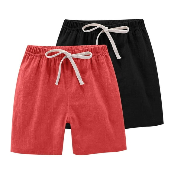 Odeerbi 2-13 Years Kids Boys Girls 2 PCS Summer Cotton Linen Shorts Workout Athletic Sports Shorts Solid Color Casual Drawstring Shorts
