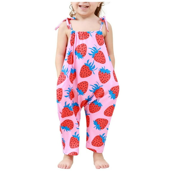 Odeerbi 2-13 Years Kids Girls Summer Jumpsuit Strawberry Print Camisole Romper Casual Breathable Comfortable Overalls Strap Bib Overall Pants Playsuit