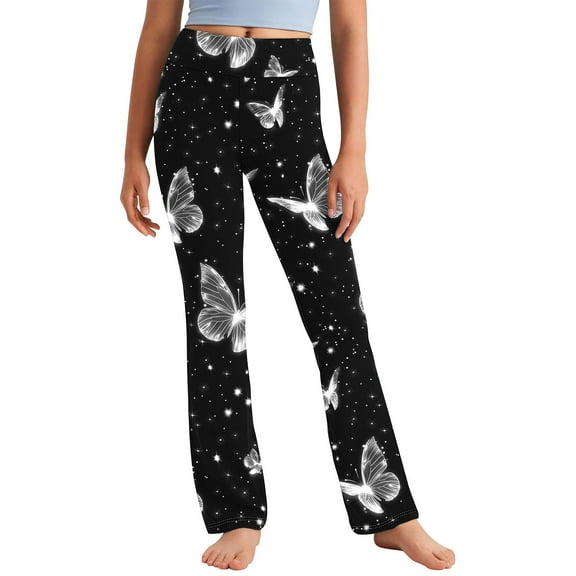 Odeerbi 2-13 Years Kids Girls Wide Leg Yoga Pants Butterfly Print Workout Dance Athletic Sports Pants Cute Elasticity High Waist Straight Leg Pants