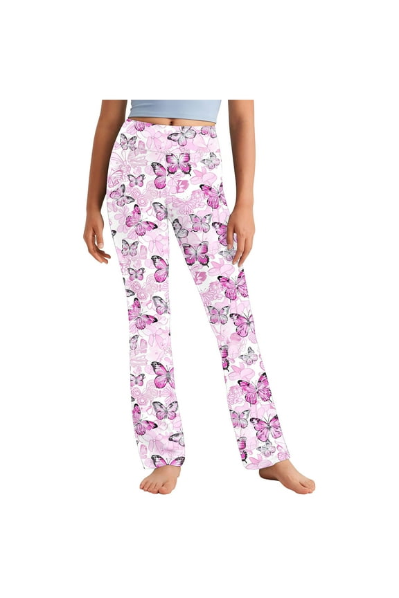 2-13 Years Kids Girls Wide Leg Yoga Pants Butterfly Print Workout Dance Athletic Sports Pants Cute Elasticity High Waist Straight Leg Pants