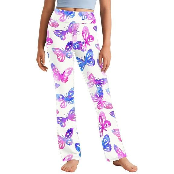 Odeerbi 2-13 Years Kids Girls Wide Leg Yoga Pants Butterfly Print Workout Dance Athletic Sports Pants Cute Elasticity High Waist Straight Leg Pants