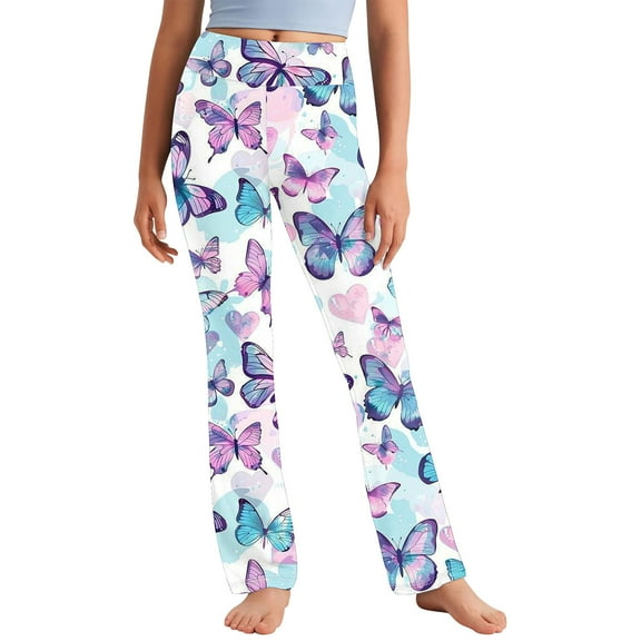 Odeerbi 2-13 Years Kids Girls Wide Leg Yoga Pants Butterfly Print Workout Dance Athletic Sports Pants Cute Elasticity High Waist Straight Leg Pants