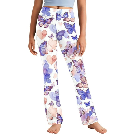 Odeerbi 2-13 Years Kids Girls Wide Leg Yoga Pants Butterfly Print Workout Dance Athletic Sports Pants Cute Elasticity High Waist Straight Leg Pants