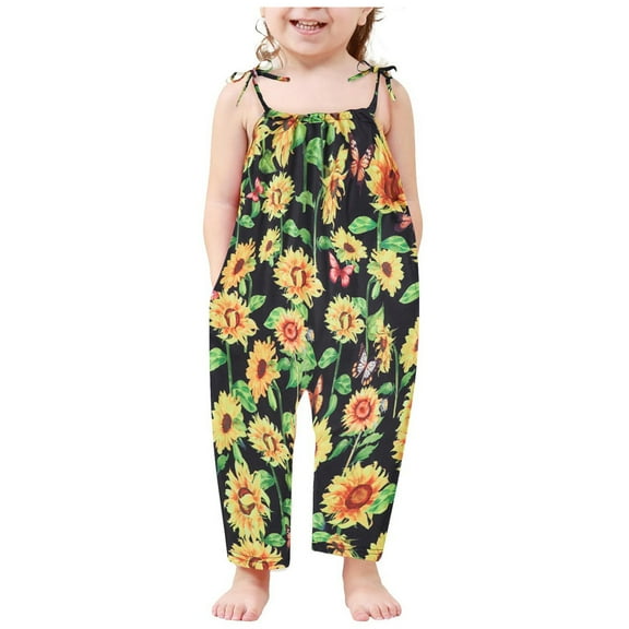 Odeerbi 2-13 Years Teen Girls Summer Jumpsuit Sunflower Print Camisole Romper Casual Breathable Comfortable Overalls Strap Bib Overall Pants Playsuit