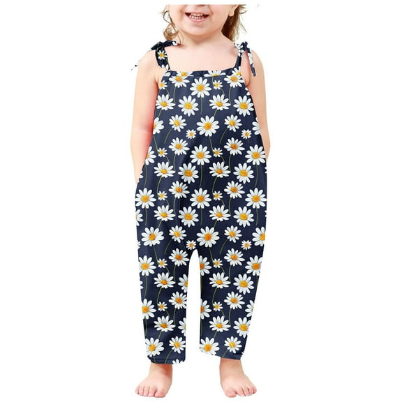 Odeerbi 2-13 Years Toddler Girls Summer Jumpsuit Daisy Print Camisole Romper Casual Breathable Comfortable Overalls Strap Bib Overall Pants Playsuit