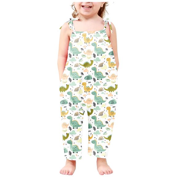 Odeerbi 2-13 Years Toddler Girls Summer Jumpsuit Dinosaur Print Camisole Romper Casual Breathable Comfortable Overalls Strap Bib Overall Pants Playsuit