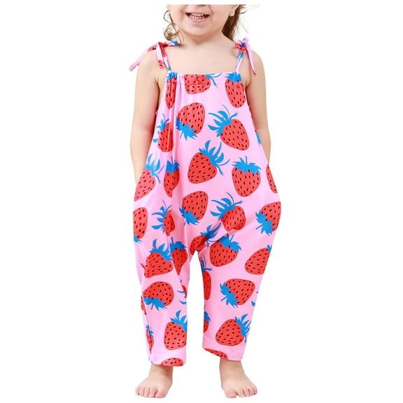 Odeerbi 2-13 Years Toddler Girls Summer Jumpsuit Strawberry Print Camisole Romper Casual Breathable Comfortable Overalls Strap Bib Overall Pants Playsuit
