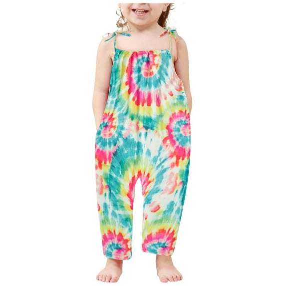 Odeerbi 2-13 Years Toddler Girls Summer Jumpsuit Tie-Dye Camisole Romper Casual Breathable Comfortable Overalls Strap Bib Overall Pants Playsuit