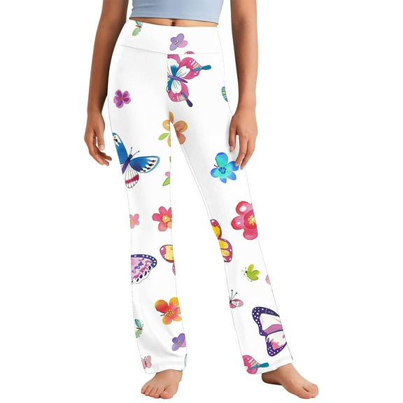 Odeerbi 2-13 Years Toddler Girls Wide Leg Yoga Pants Butterfly Print Workout Dance Athletic Sports Pants Cute Elasticity High Waist Straight Leg Pants