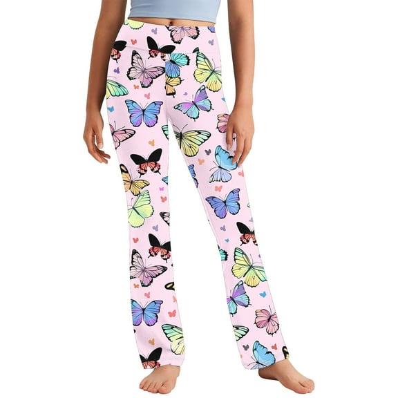 Odeerbi 2-13 Years Toddler Girls Wide Leg Yoga Pants Butterfly Print Workout Dance Athletic Sports Pants Cute Elasticity High Waist Straight Leg Pants