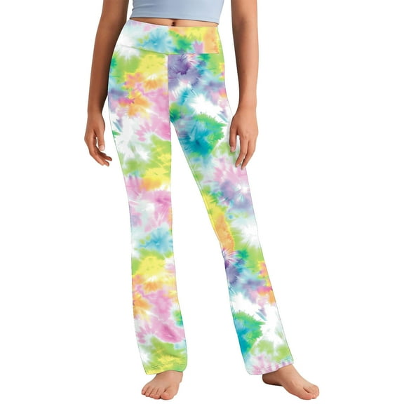 Odeerbi 2-13 Years Toddler Girls Wide Leg Yoga Pants Tie-Dye Workout Dance Athletic Sports Pants Cute Elasticity High Waist Straight Leg Pants