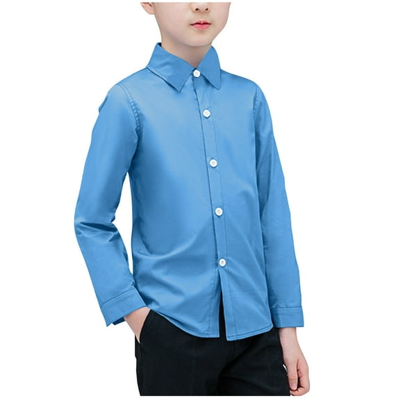 Odeerbi 2-13Y Kids Boys Solid Color Cotton Shirt Toddler Fashion Long Sleeves Casual Top Turndown Collar Shirt Baby Clothes Blue