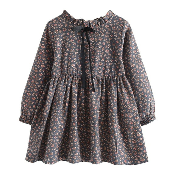 Odeerbi 2-14 Year Toddler Girls Cute Floral Dresses Spring Fall Cotton Dress Children's Fashion Pleated Lace Up Long Sleeve Round Neck Dress Toddler Girls Clothes