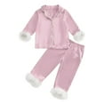thumbnail image 1 of Odeerbi 2-14 Years Kids Girls Feather Pajamas Notched Lapel Long Sleeve Shirt Pants Set Soft Loungewear Cute Printed Sleepwear Comfortable Two-piece Pajama Set Kids Girls Clothes, 1 of 4
