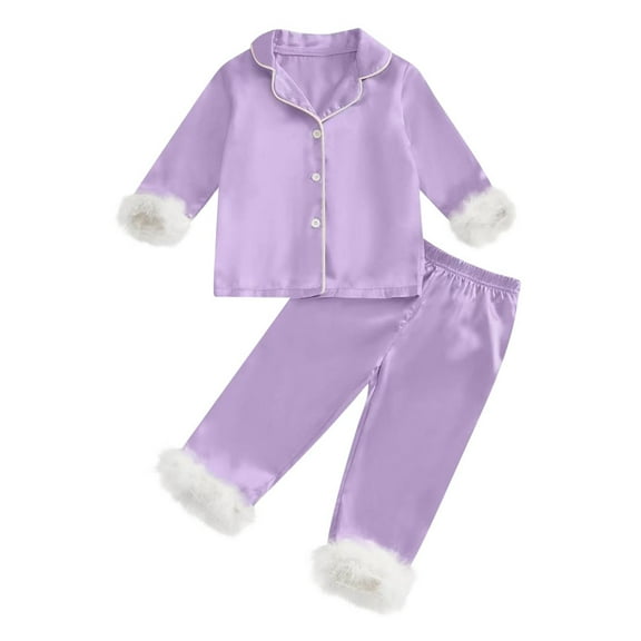 Odeerbi 2-14 Years Kids Girls Feather Pajamas Notched Lapel Long Sleeve Shirt Pants Set Soft Loungewear Cute Printed Sleepwear Comfortable Two-piece Pajama Set Kids Girls Clothes