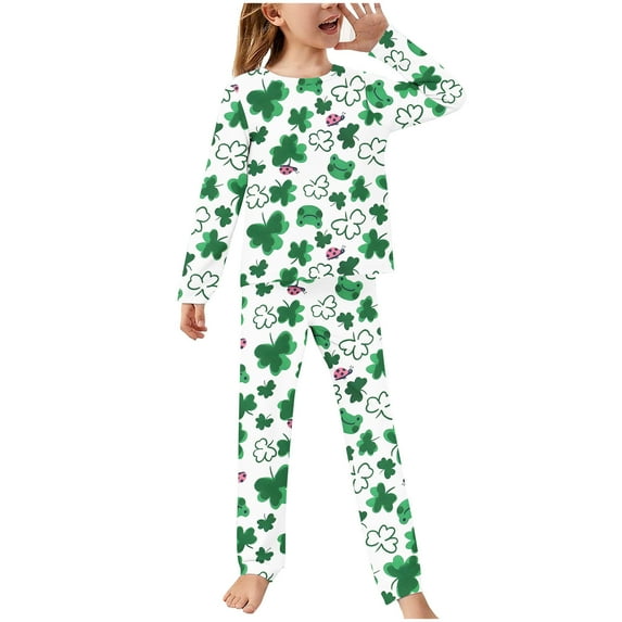 Odeerbi 2-14 Years Toddler Boys Girls St. Patrick's Day Pajamas Long Sleeve Tops Pants Set Soft Loungewear Cute Printed Sleepwear Flannel Two-piece Pajama Sets Toddler Boys Girls Clothes