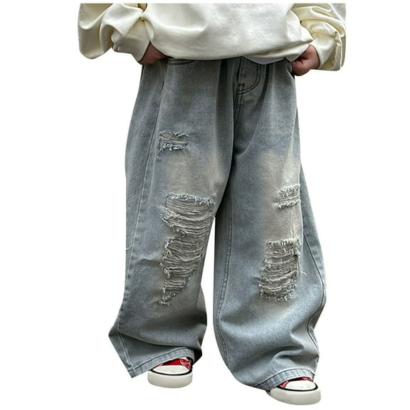 Odeerbi 2-14 Years Toddler Boys Ripped Jeans Cute Baggy Denim Pants Solid Color Casual Zipper Cowboy Pants with Pocket